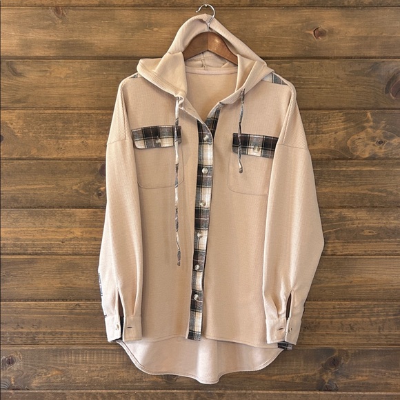 Tops - Plaid Accent Waffle Button Down Shirt - Tan